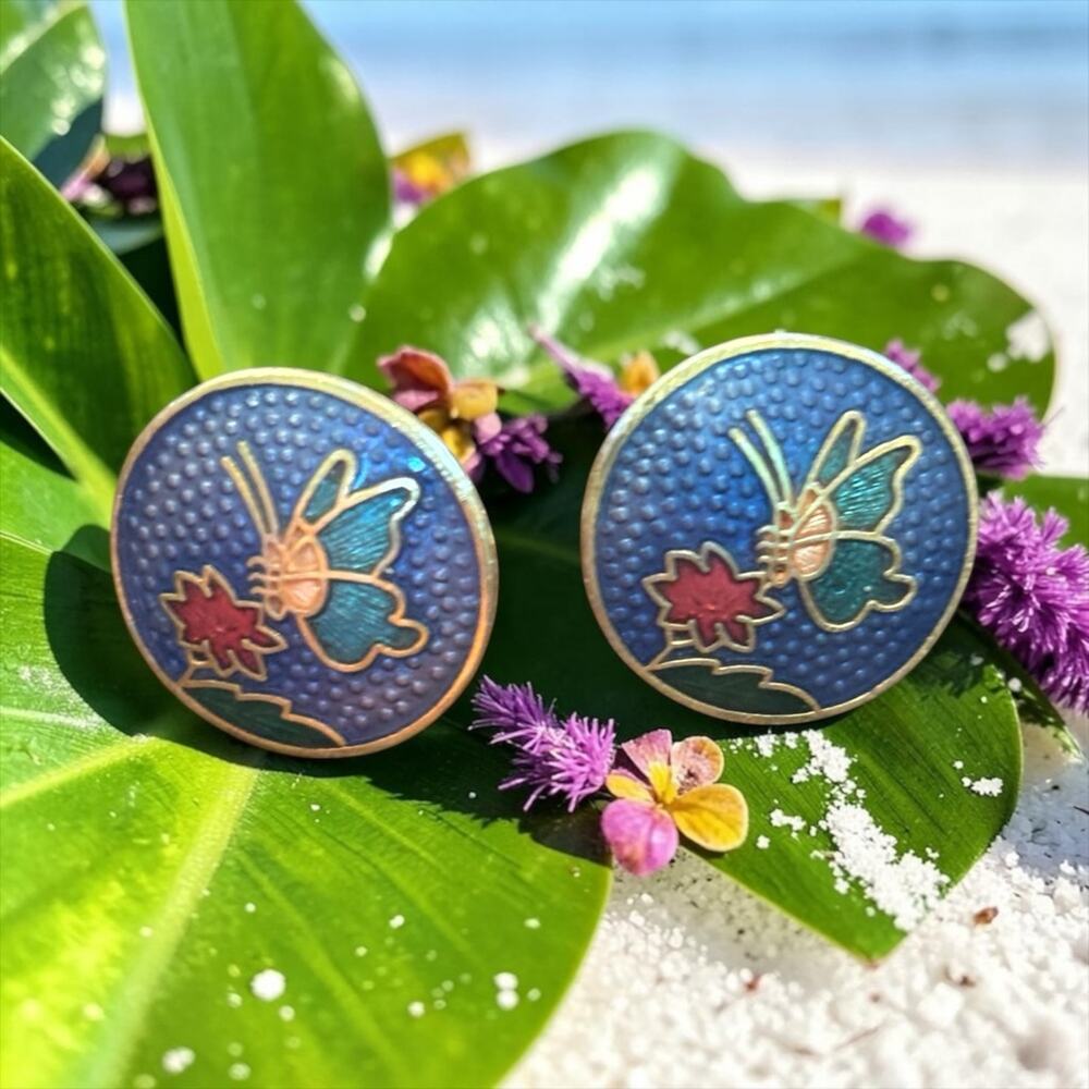 Blue Butterfly Cloisonné Enamel Stud Earrings Gold Tone Floral Vintage